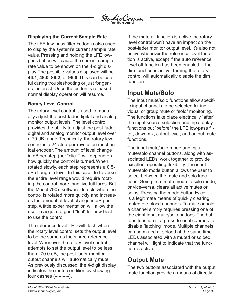 Input mute/solo, Output mute | Studio Technologies 780-03 V.4.15 User Manual | Page 39 / 51