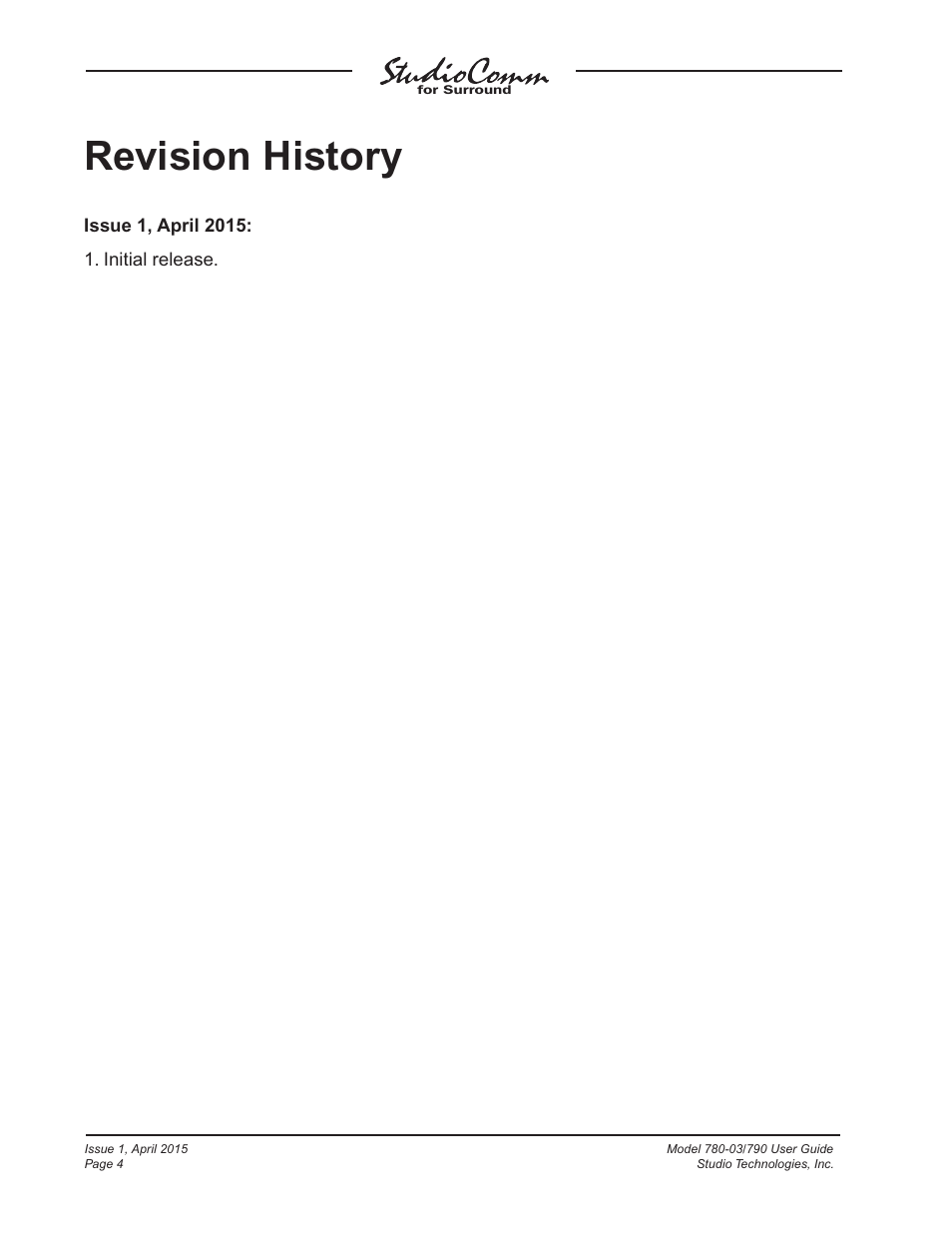 Revision history | Studio Technologies 780-03 V.4.15 User Manual | Page 4 / 51