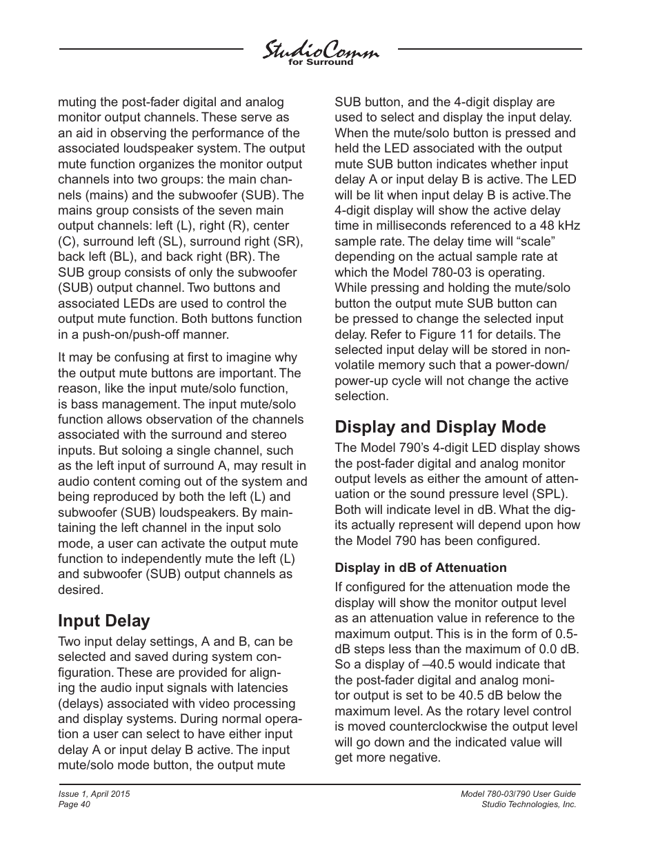 Input delay, Display and display mode | Studio Technologies 780-03 V.4.15 User Manual | Page 40 / 51