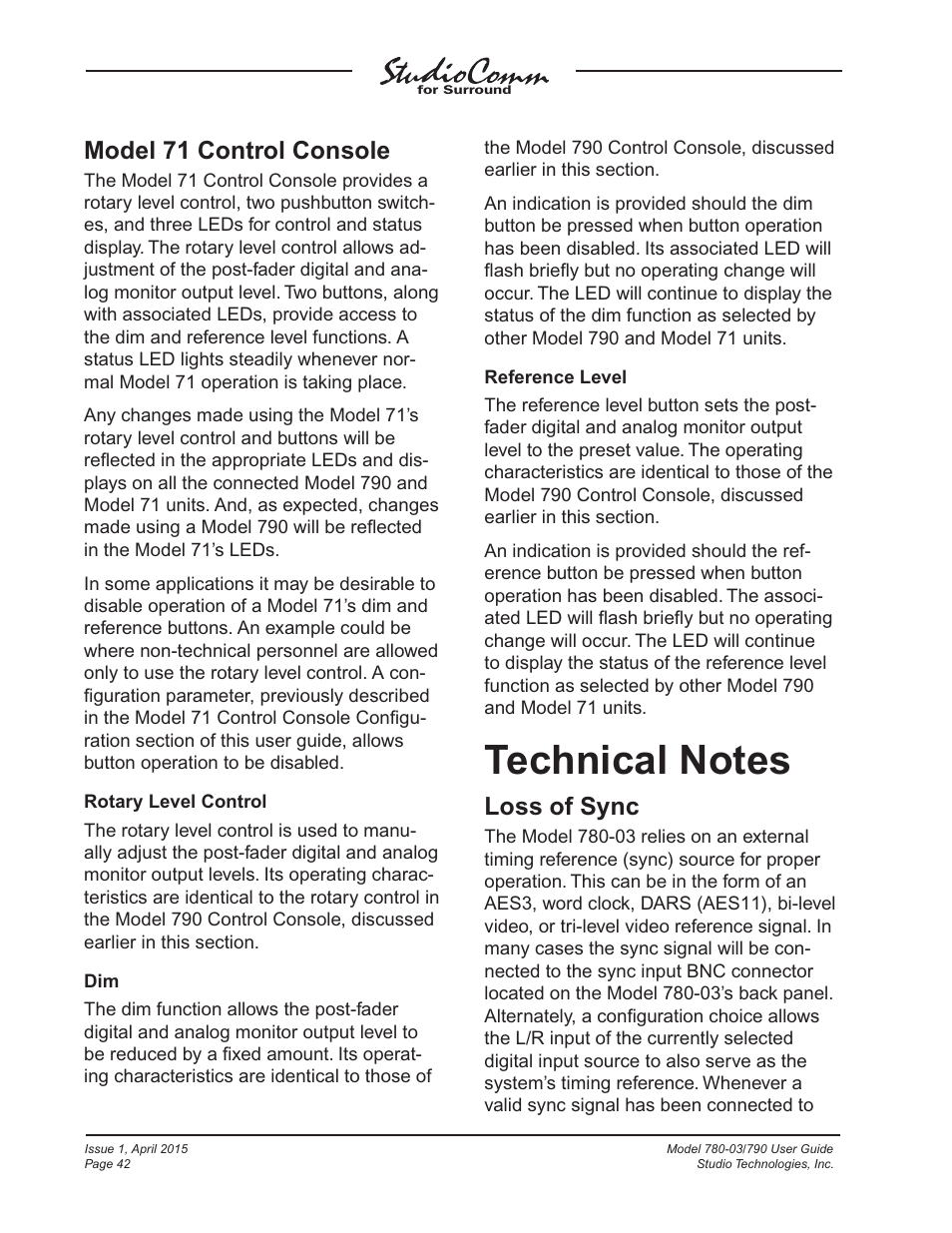 Technical notes, Model 71 control console, Loss of sync | Studio Technologies 780-03 V.4.15 User Manual | Page 42 / 51