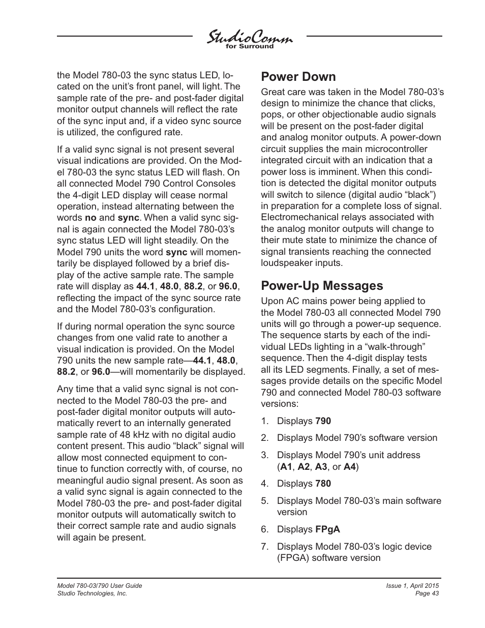 Power down, Power-up messages | Studio Technologies 780-03 V.4.15 User Manual | Page 43 / 51