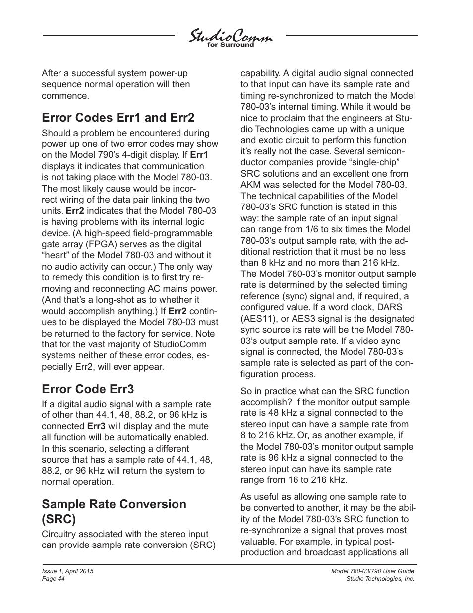 Error codes err1 and err2, Error code err3, Sample rate conversion (src) | Studio Technologies 780-03 V.4.15 User Manual | Page 44 / 51