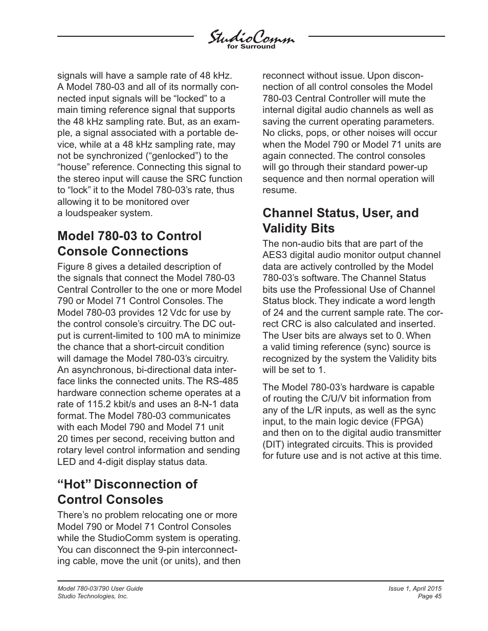 Hot” disconnection of control consoles, Channel status, user, and validity bits | Studio Technologies 780-03 V.4.15 User Manual | Page 45 / 51