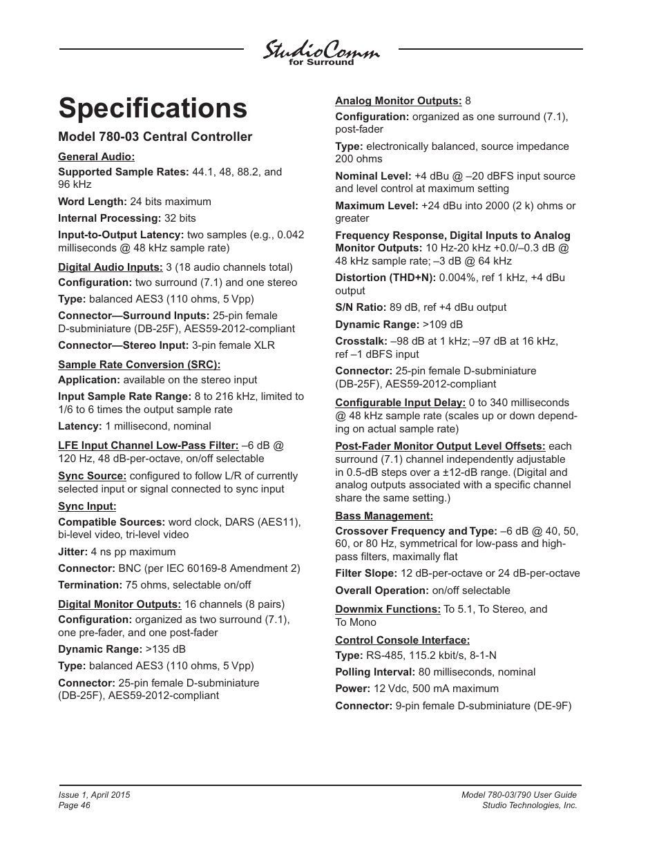 Specifications, Speciﬁcations | Studio Technologies 780-03 V.4.15 User Manual | Page 46 / 51