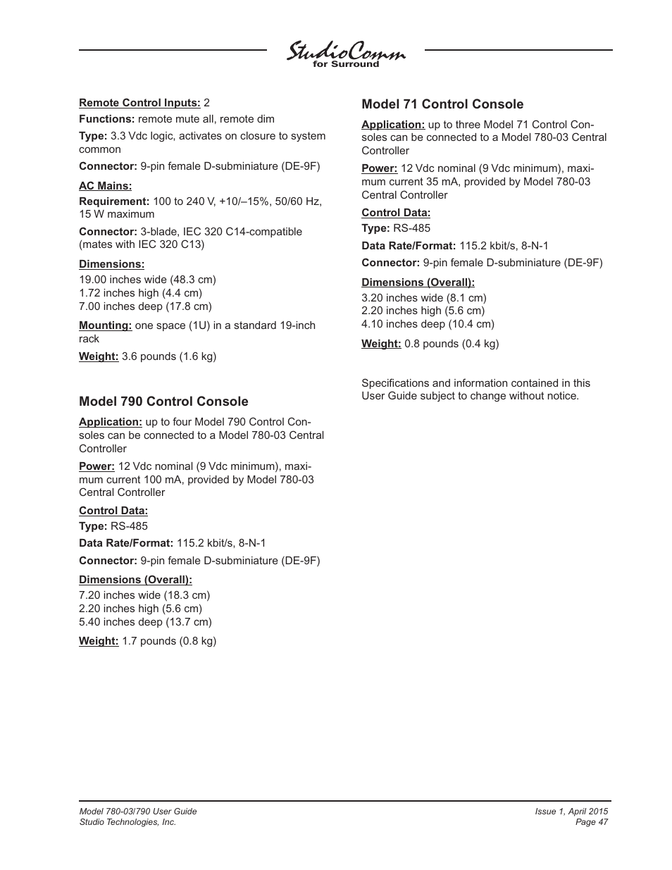 Model 790 control console, Model 71 control console | Studio Technologies 780-03 V.4.15 User Manual | Page 47 / 51