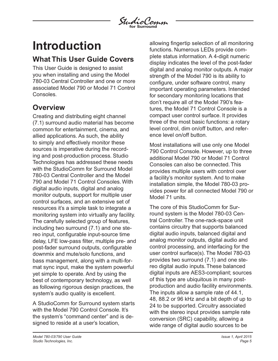 Introduction, What this user guide covers, Overview | Studio Technologies 780-03 V.4.15 User Manual | Page 5 / 51