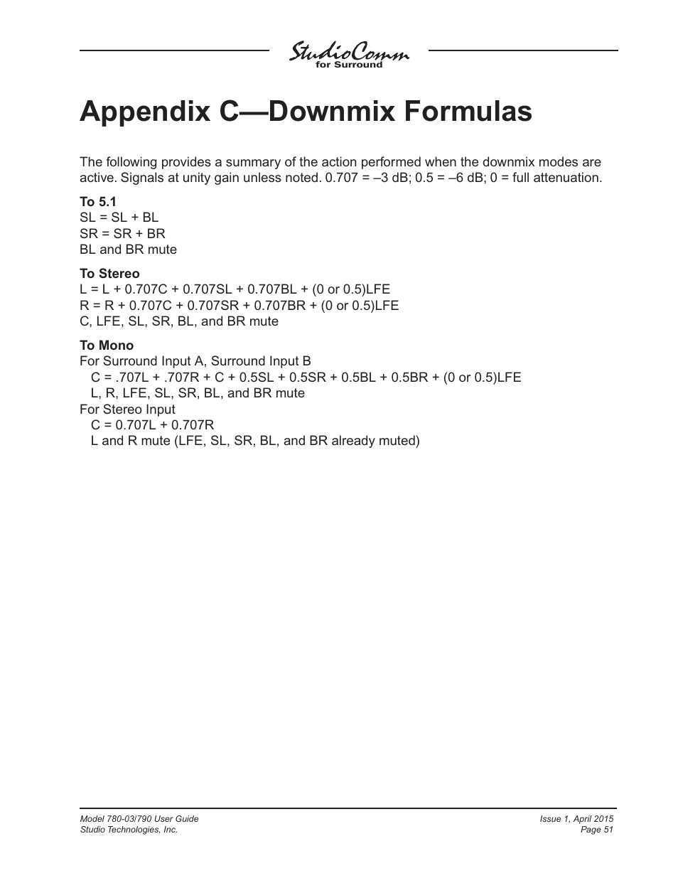 Appendix c—downmix formulas | Studio Technologies 780-03 V.4.15 User Manual | Page 51 / 51