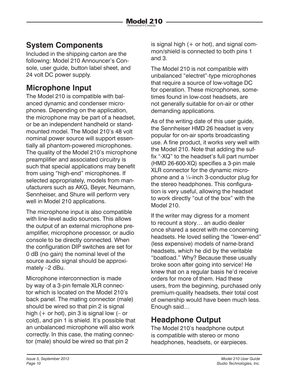 System components, Microphone input, Headphone output | Studio Technologies 210 2012 User Manual | Page 10 / 37