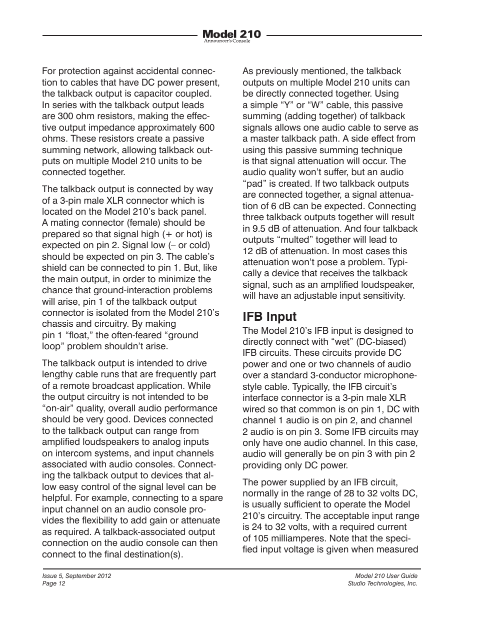 Ifb input | Studio Technologies 210 2012 User Manual | Page 12 / 37