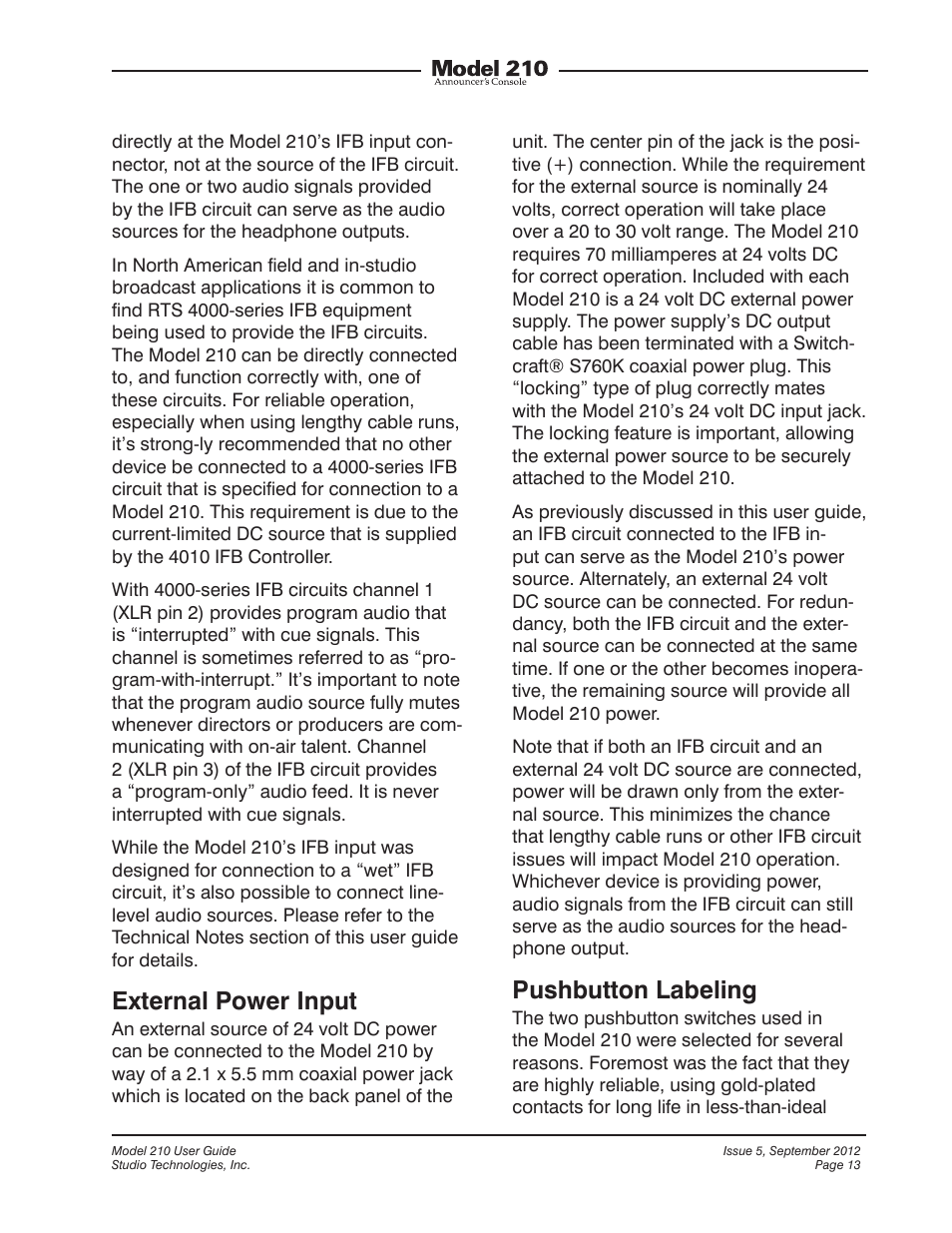 External power input, Pushbutton labeling | Studio Technologies 210 2012 User Manual | Page 13 / 37