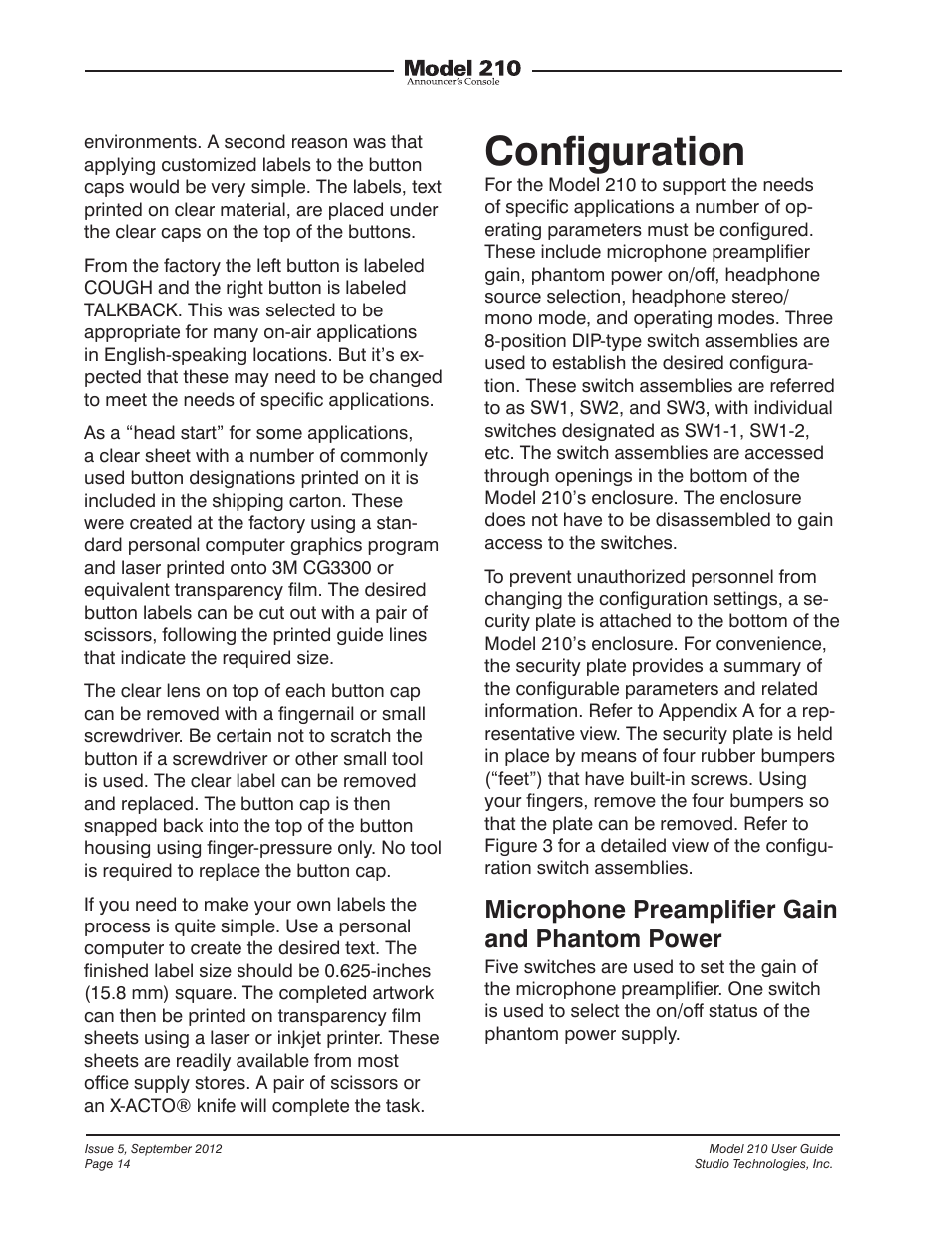 Configuration, Conﬁguration, Microphone preampliﬁer gain and phantom power | Studio Technologies 210 2012 User Manual | Page 14 / 37