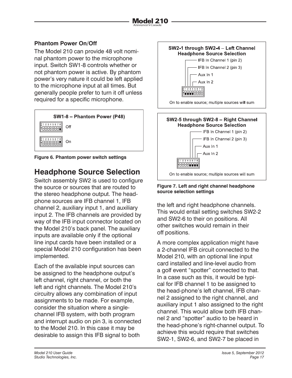 Headphone source selection | Studio Technologies 210 2012 User Manual | Page 17 / 37