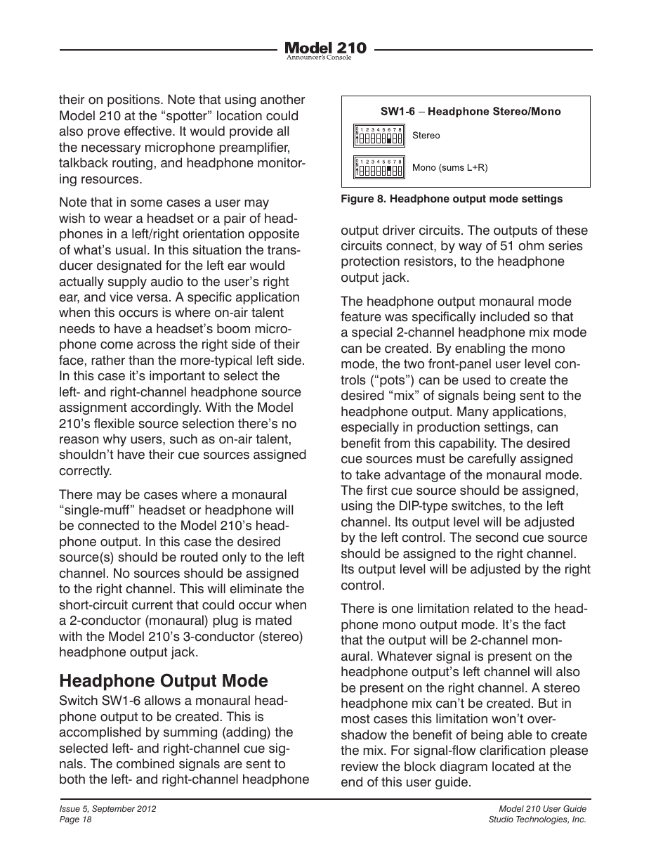 Headphone output mode | Studio Technologies 210 2012 User Manual | Page 18 / 37