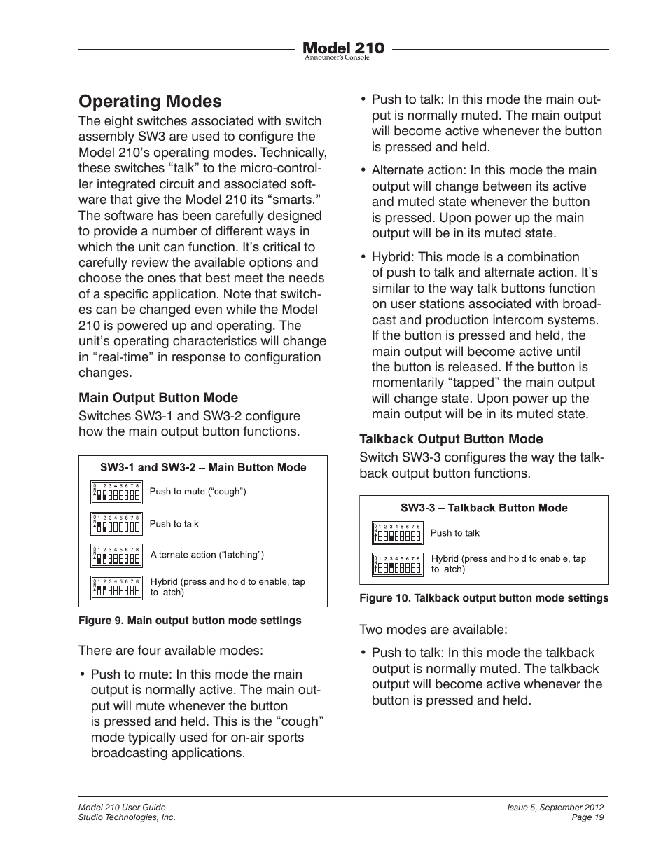 Operating modes | Studio Technologies 210 2012 User Manual | Page 19 / 37