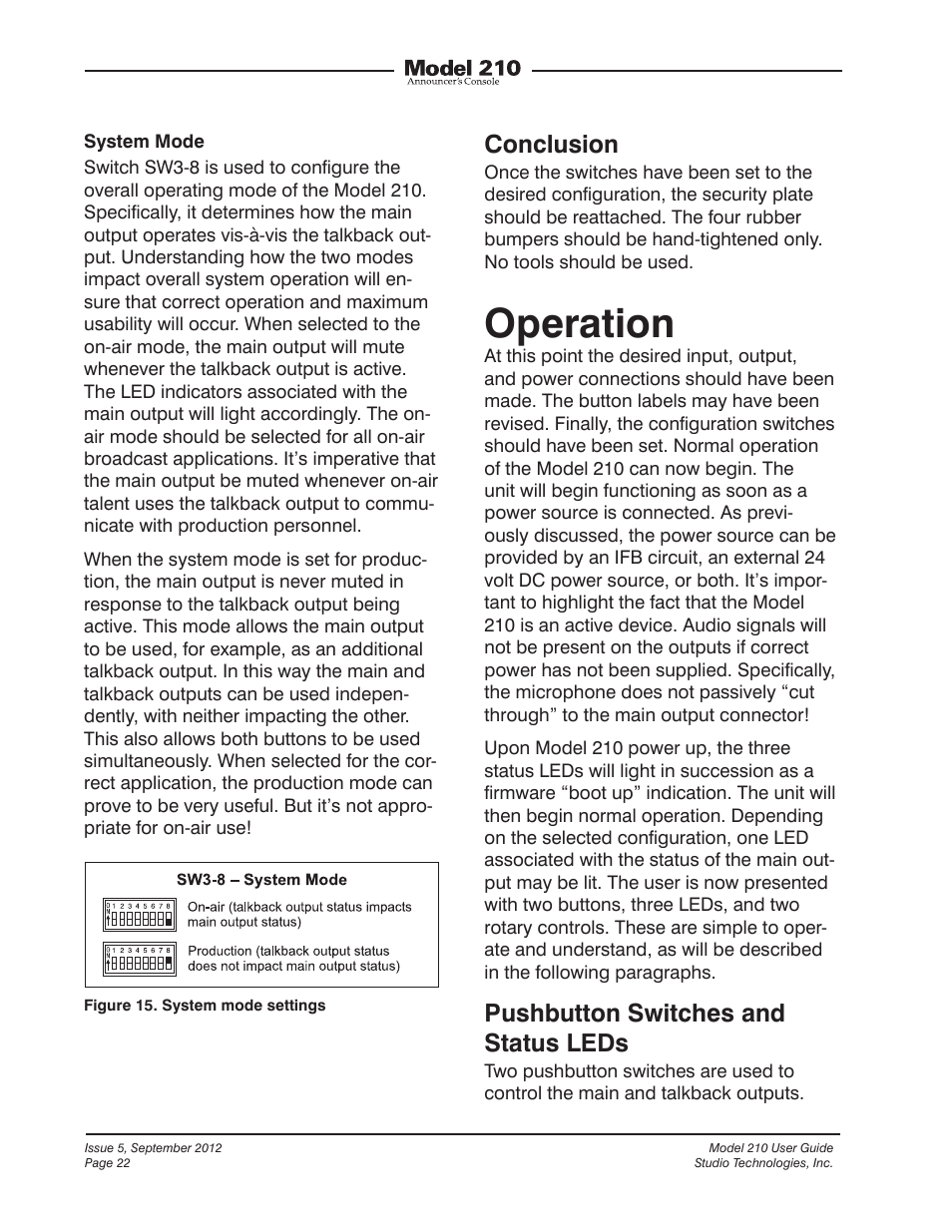 Operation, Conclusion, Pushbutton switches and status leds | Studio Technologies 210 2012 User Manual | Page 22 / 37