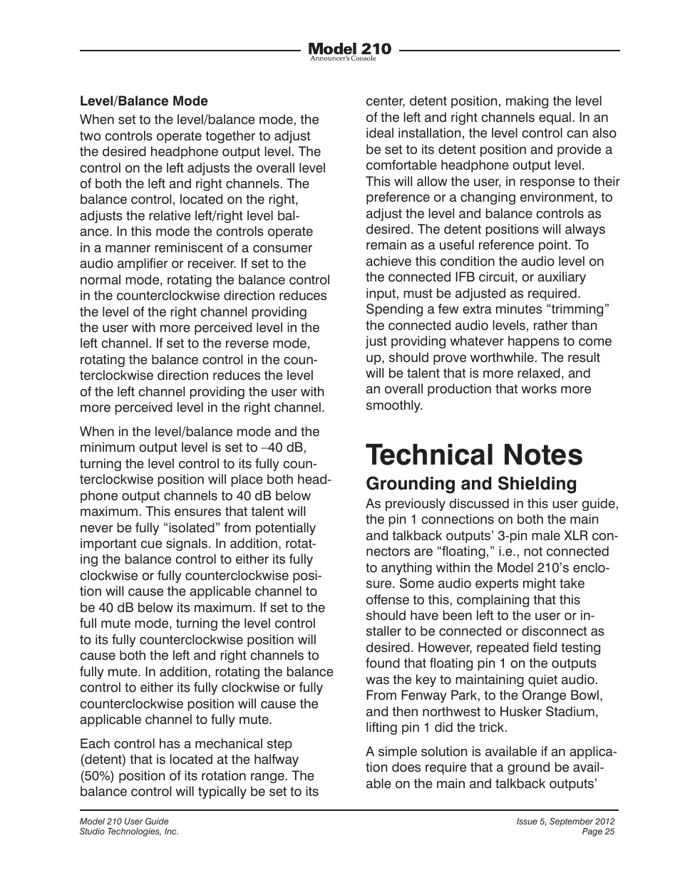 Technical notes, Grounding and shielding | Studio Technologies 210 2012 User Manual | Page 25 / 37