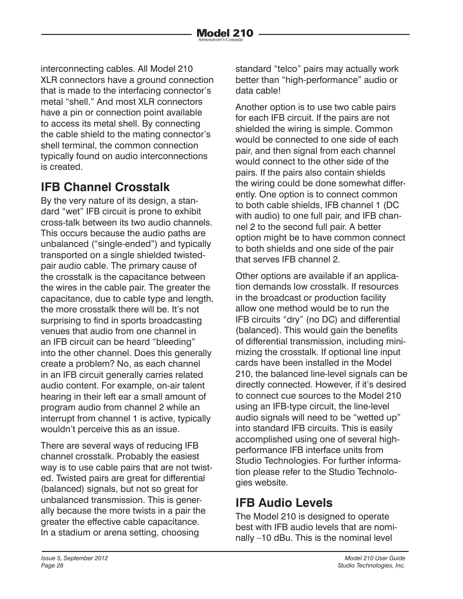 Ifb channel crosstalk, Ifb audio levels | Studio Technologies 210 2012 User Manual | Page 26 / 37