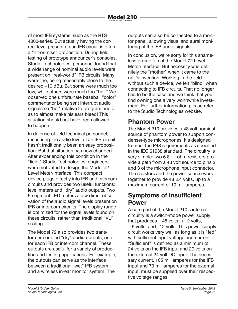 Phantom power, Symptoms of insufﬁcient power | Studio Technologies 210 2012 User Manual | Page 27 / 37