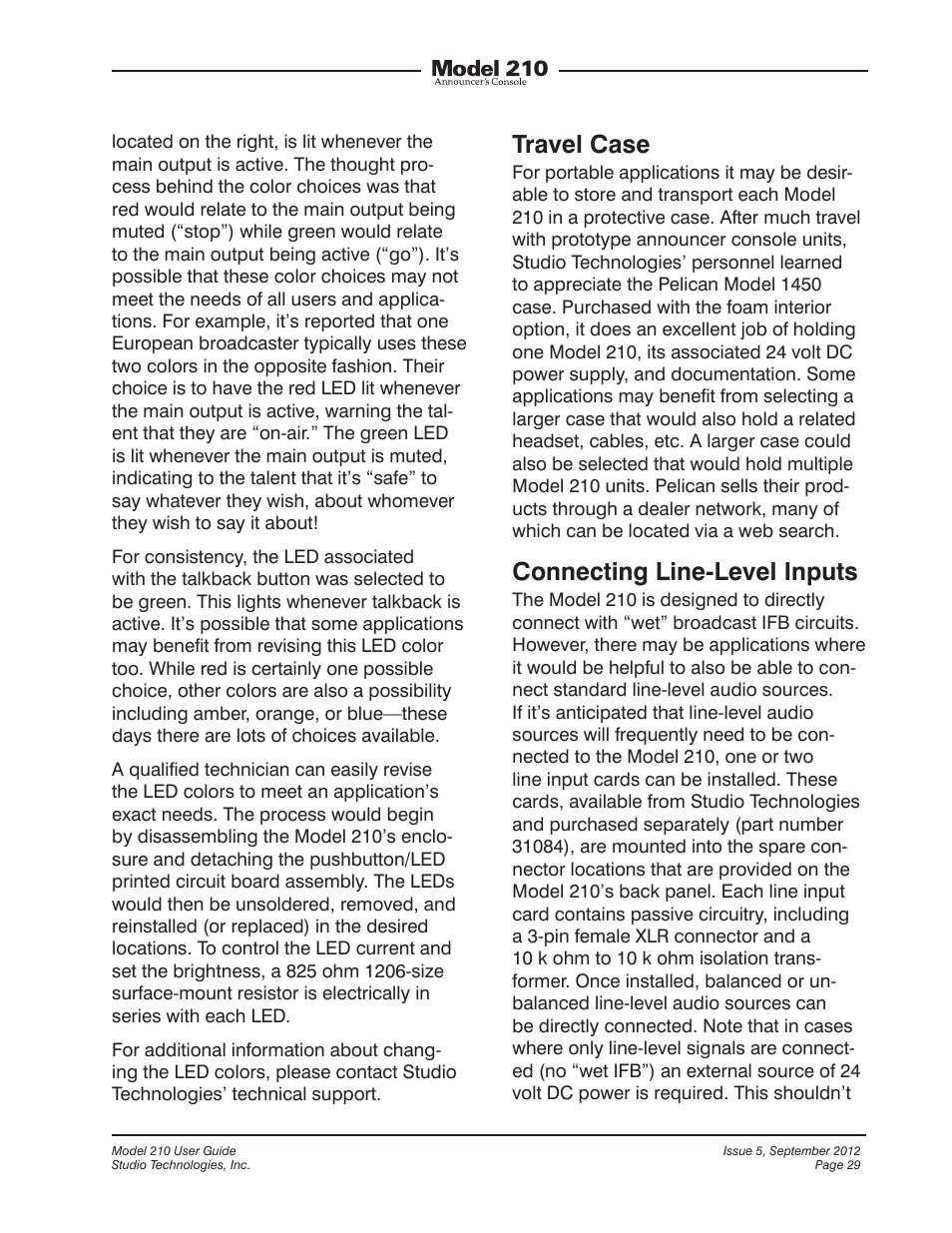 Travel case, Connecting line-level inputs | Studio Technologies 210 2012 User Manual | Page 29 / 37