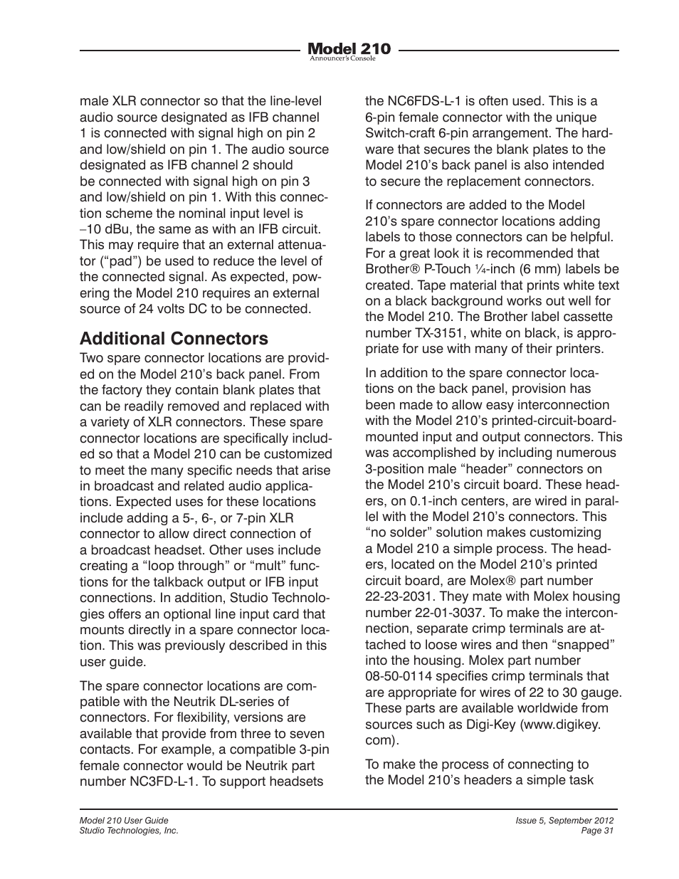 Additional connectors | Studio Technologies 210 2012 User Manual | Page 31 / 37