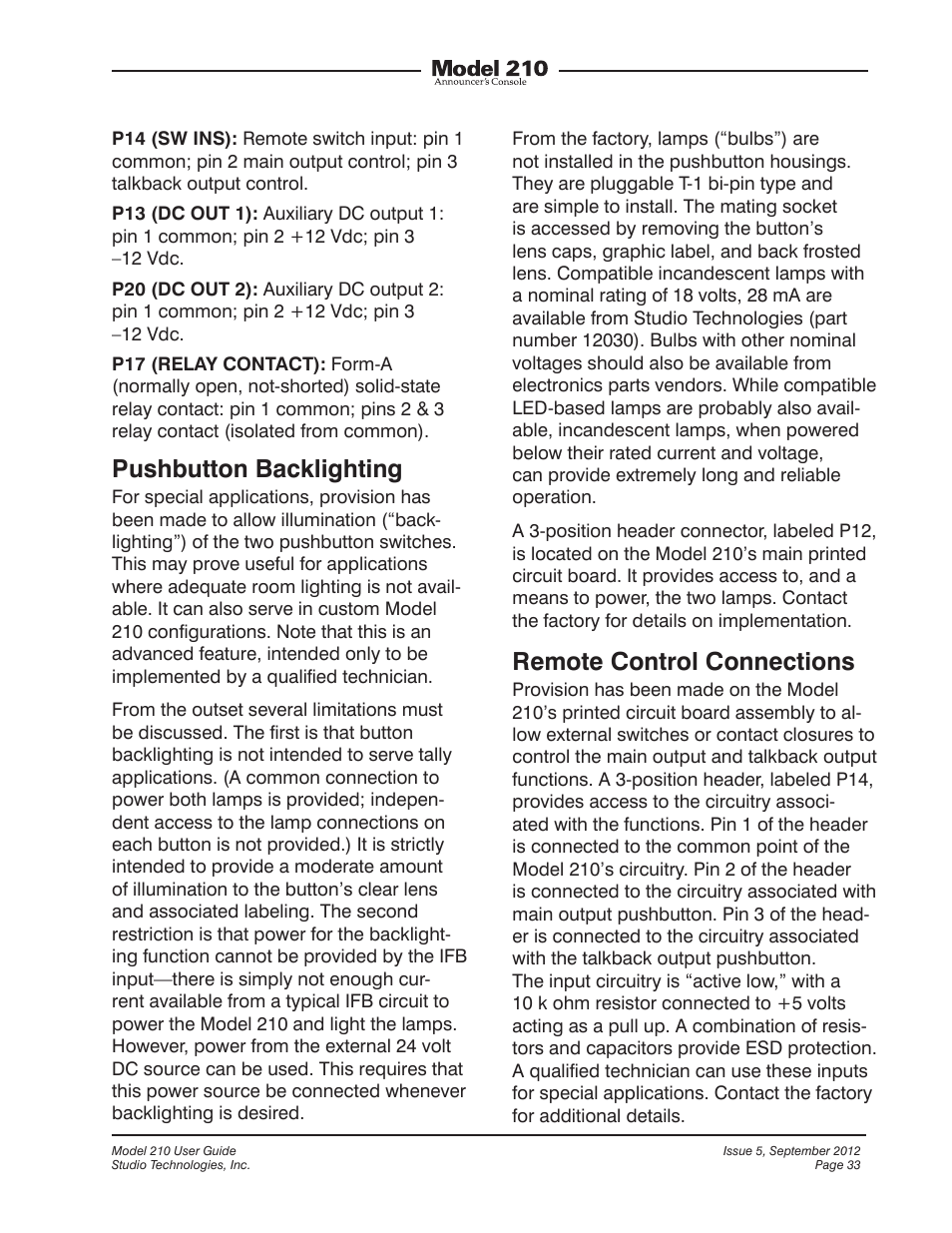 Pushbutton backlighting, Remote control connections | Studio Technologies 210 2012 User Manual | Page 33 / 37