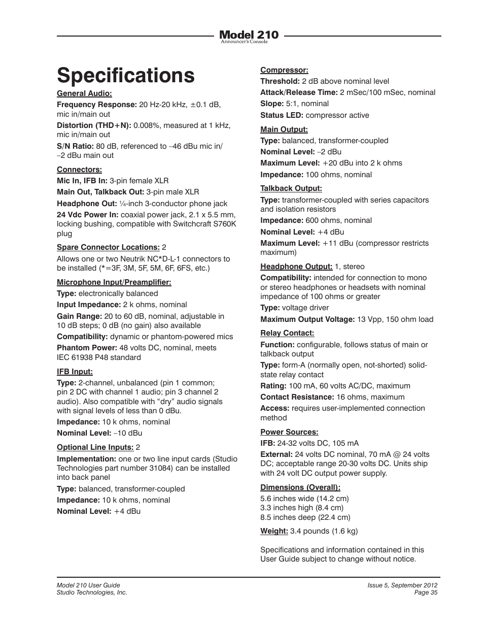 Specifications, Speciﬁcations | Studio Technologies 210 2012 User Manual | Page 35 / 37