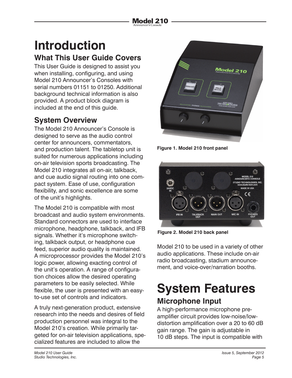 Introduction, System features, Introduction system features | What this user guide covers, System overview, Microphone input | Studio Technologies 210 2012 User Manual | Page 5 / 37