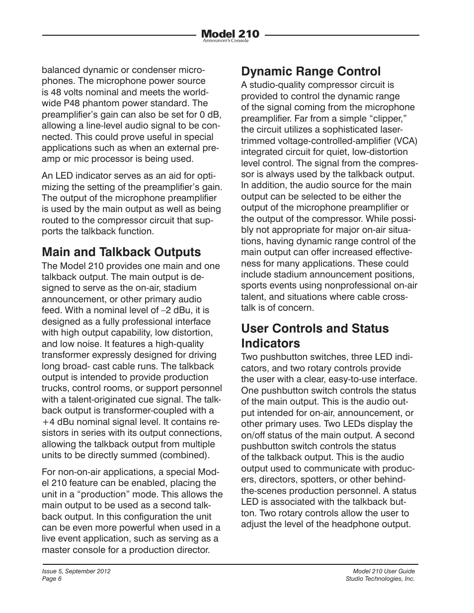 Main and talkback outputs, Dynamic range control, User controls and status indicators | Studio Technologies 210 2012 User Manual | Page 6 / 37