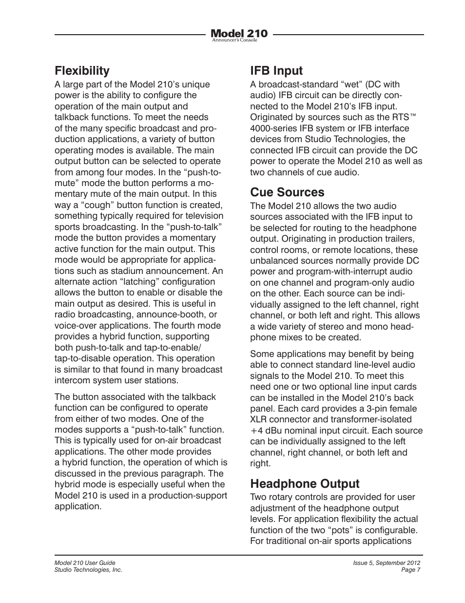 Flexibility, Ifb input, Cue sources | Headphone output | Studio Technologies 210 2012 User Manual | Page 7 / 37