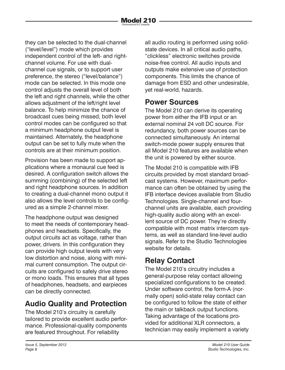 Audio quality and protection, Power sources, Relay contact | Studio Technologies 210 2012 User Manual | Page 8 / 37