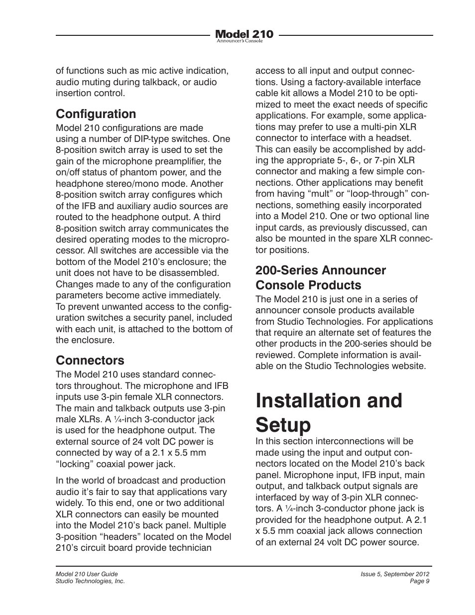 Installation and setup, Conﬁguration, Connectors | Series announcer console products | Studio Technologies 210 2012 User Manual | Page 9 / 37