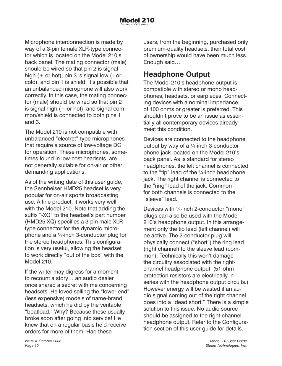 Headphone output | Studio Technologies 210 2008 User Manual | Page 10 / 37