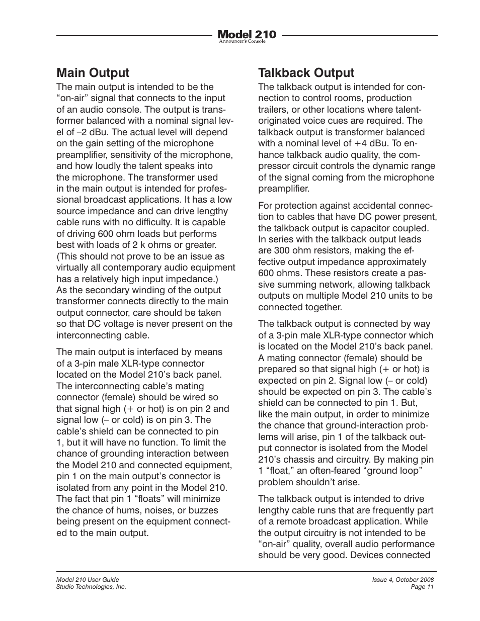 Main output, Talkback output | Studio Technologies 210 2008 User Manual | Page 11 / 37