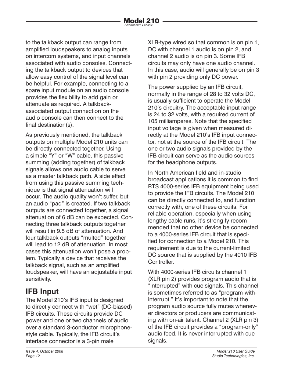 Ifb input | Studio Technologies 210 2008 User Manual | Page 12 / 37