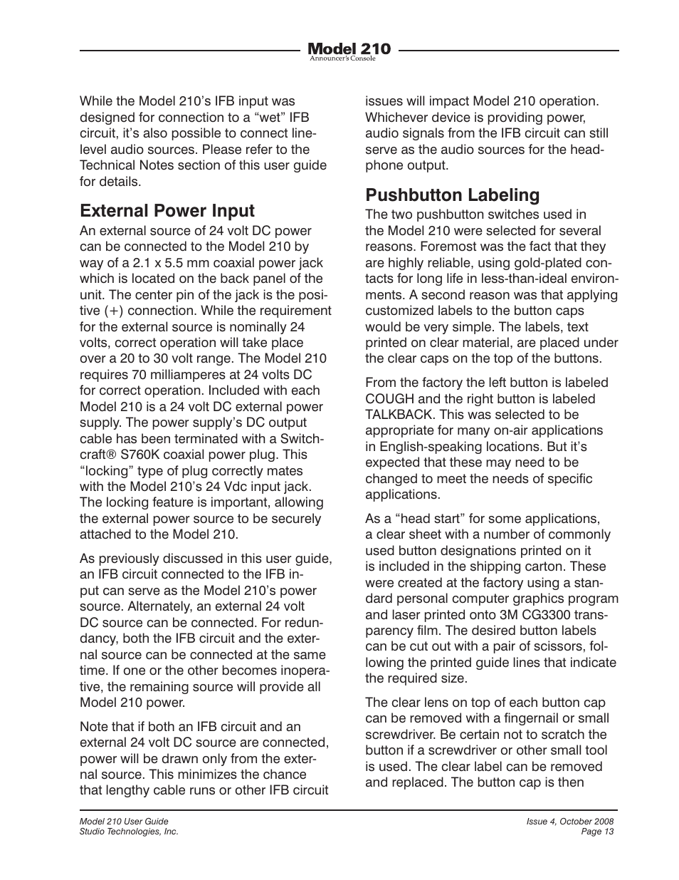 External power input, Pushbutton labeling | Studio Technologies 210 2008 User Manual | Page 13 / 37