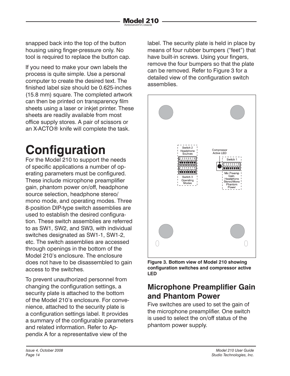 Configuration, Microphone preamplifier gain and phantom power | Studio Technologies 210 2008 User Manual | Page 14 / 37