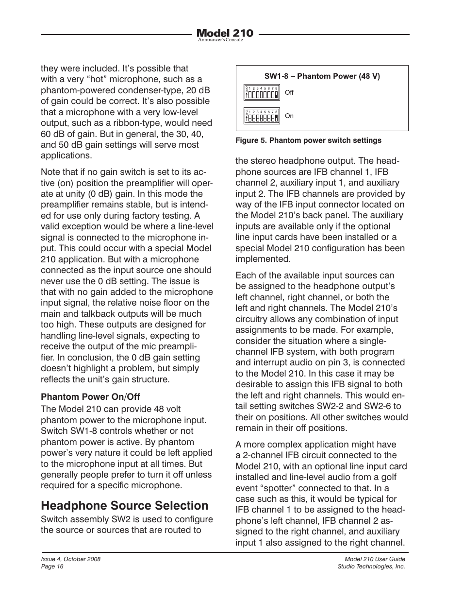 Headphone source selection | Studio Technologies 210 2008 User Manual | Page 16 / 37