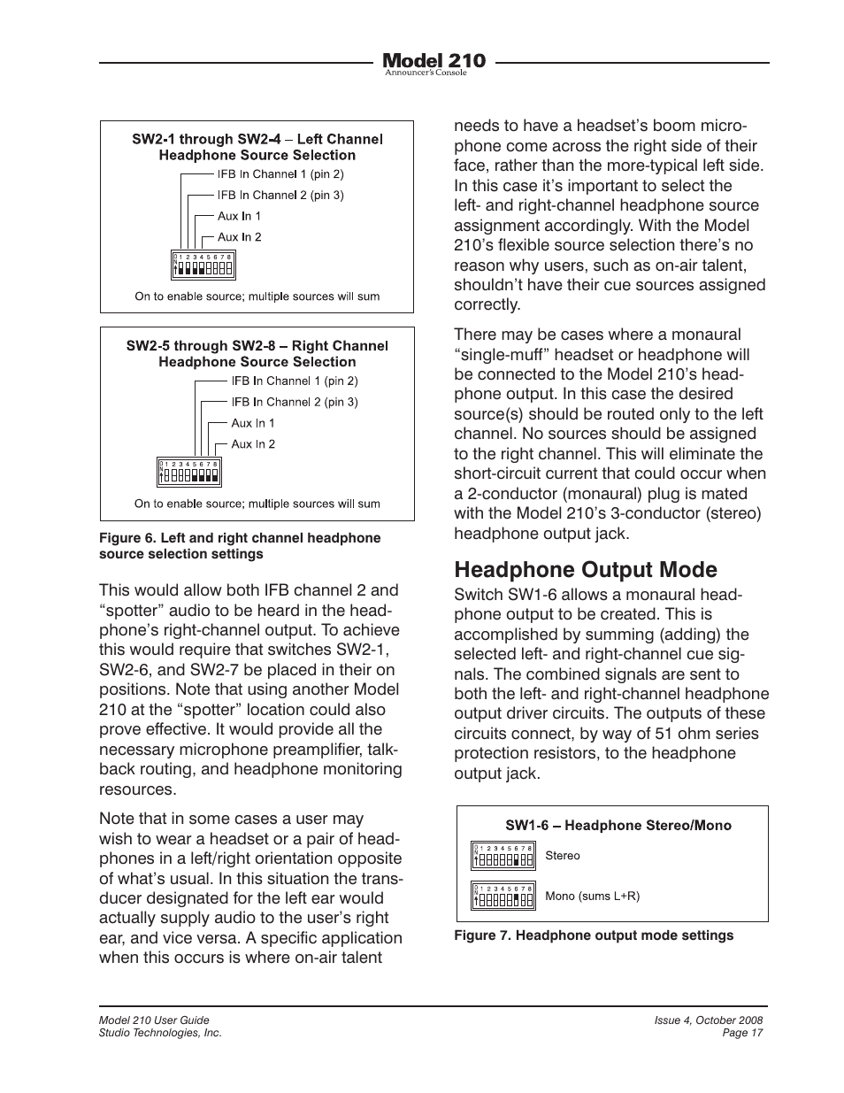 Headphone output mode | Studio Technologies 210 2008 User Manual | Page 17 / 37