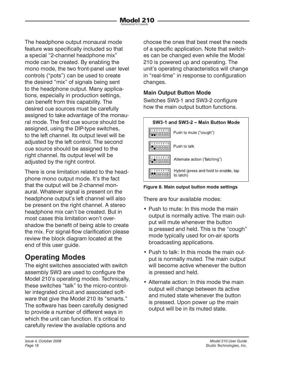 Operating modes | Studio Technologies 210 2008 User Manual | Page 18 / 37