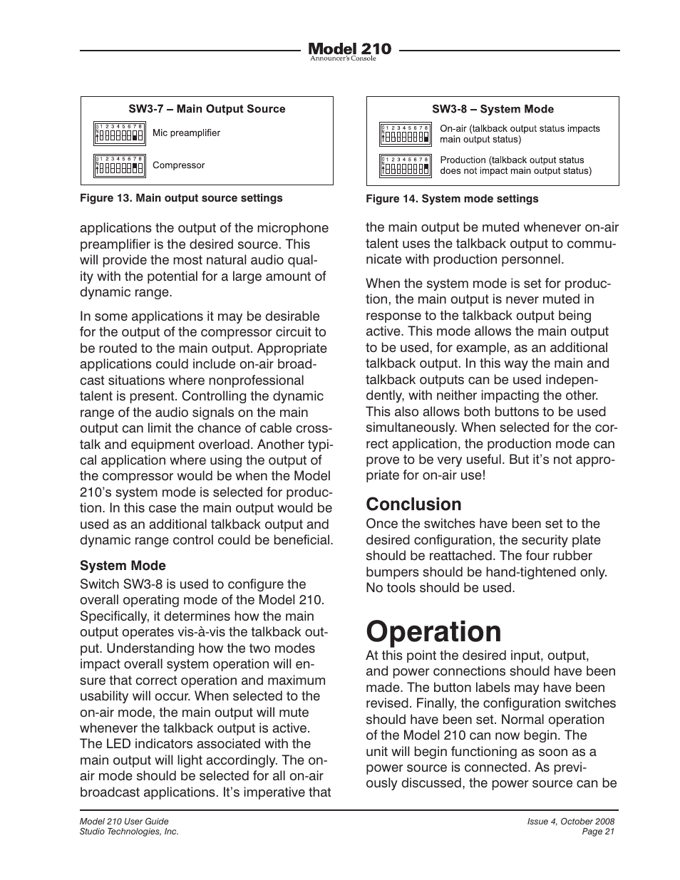 Operation, Conclusion | Studio Technologies 210 2008 User Manual | Page 21 / 37