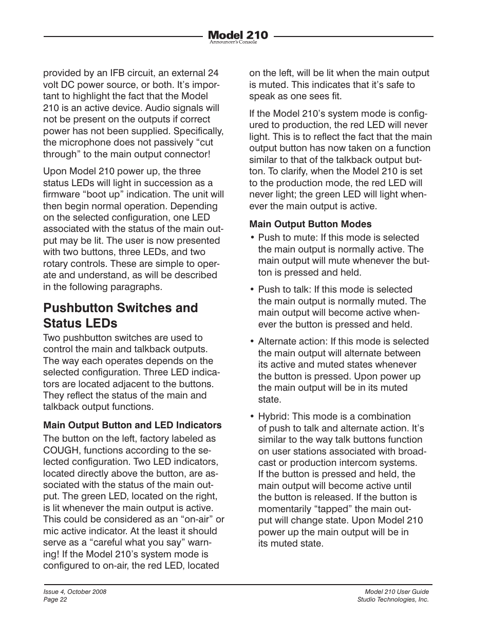 Pushbutton switches and status leds | Studio Technologies 210 2008 User Manual | Page 22 / 37