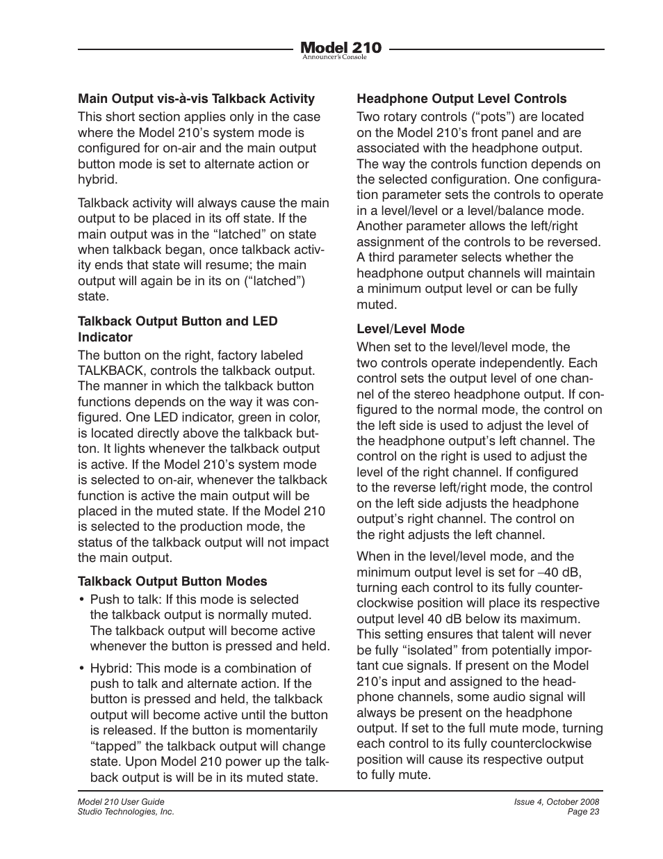 Studio Technologies 210 2008 User Manual | Page 23 / 37