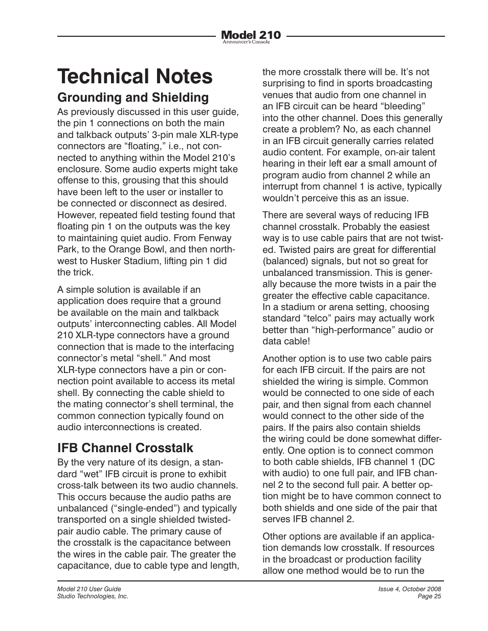 Technical notes, Grounding and shielding, Ifb channel crosstalk | Studio Technologies 210 2008 User Manual | Page 25 / 37