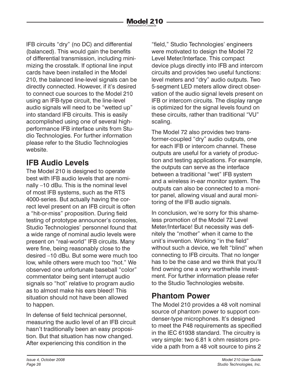 Ifb audio levels, Phantom power | Studio Technologies 210 2008 User Manual | Page 26 / 37