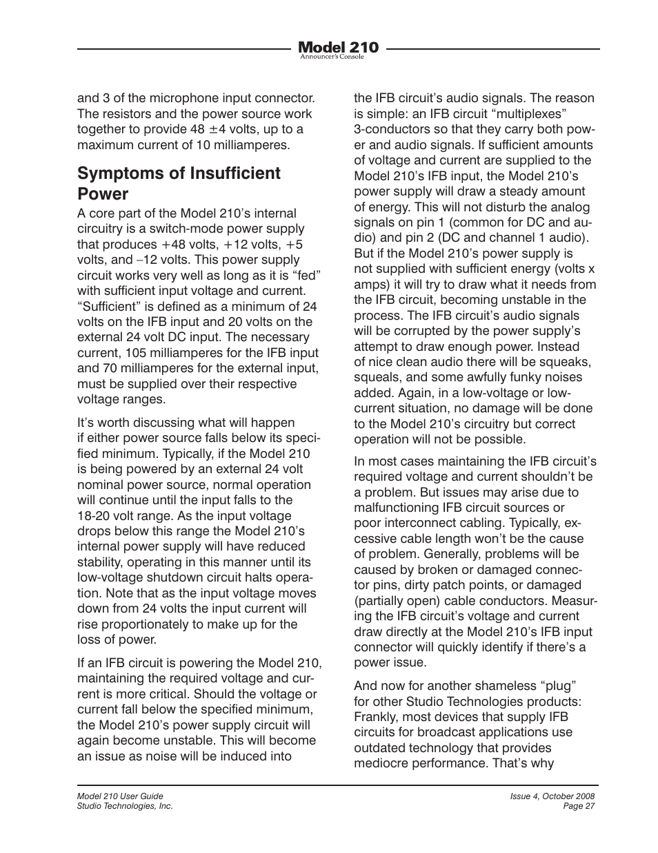 Symptoms of insufficient power | Studio Technologies 210 2008 User Manual | Page 27 / 37