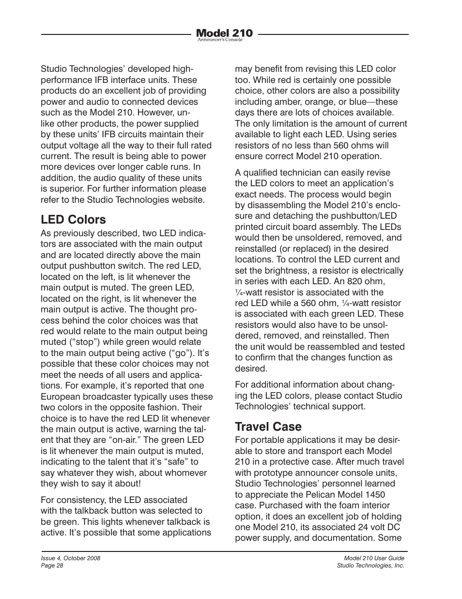 Led colors, Travel case | Studio Technologies 210 2008 User Manual | Page 28 / 37