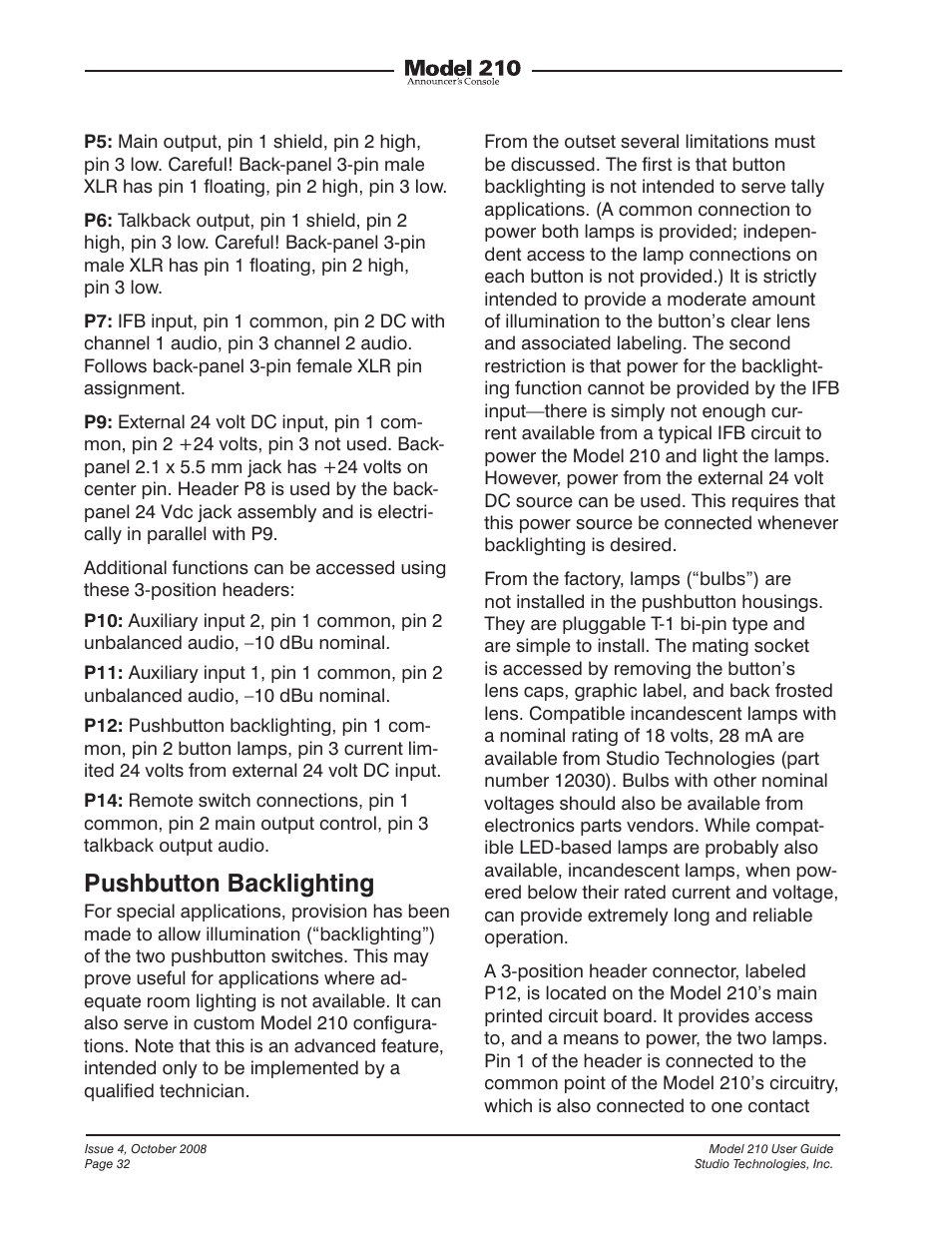 Pushbutton backlighting | Studio Technologies 210 2008 User Manual | Page 32 / 37
