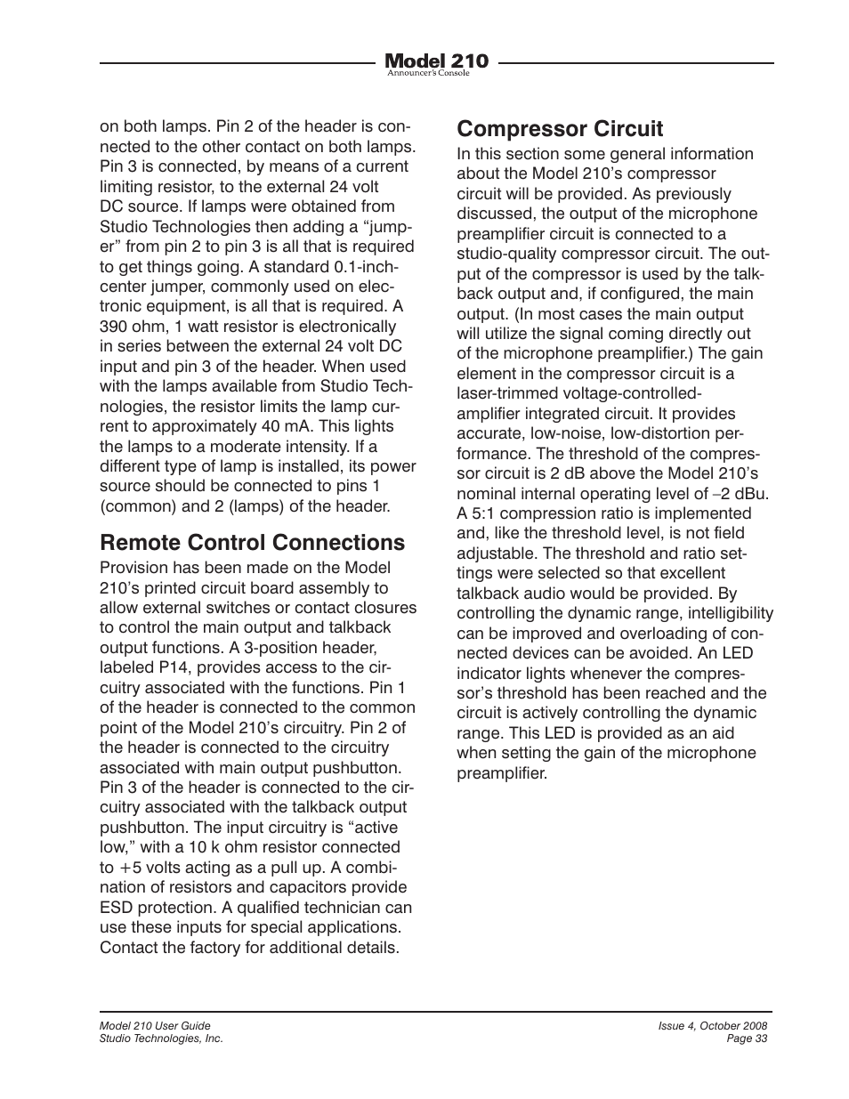 Remote control connections, Compressor circuit | Studio Technologies 210 2008 User Manual | Page 33 / 37