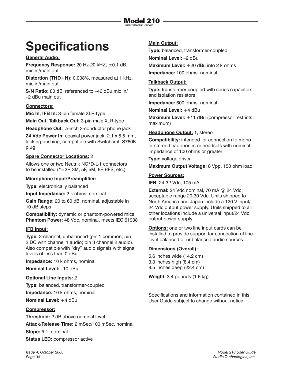 Specifications | Studio Technologies 210 2008 User Manual | Page 34 / 37