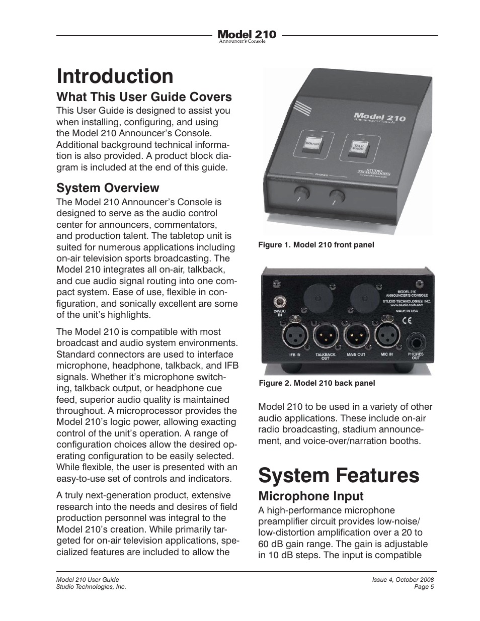 Introduction, System features, What this user guide covers | System overview, Microphone input | Studio Technologies 210 2008 User Manual | Page 5 / 37